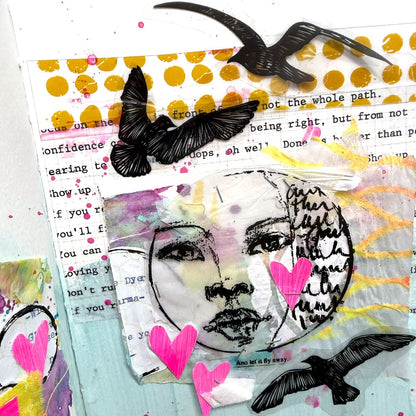Sample made by Dina Wakley, the artist behind 'Dina Wakley MEdia' visual arts designer and creator. Artwork features flying birds and face stamped onto transparencies, tissue layers, transparent abstract prints, in colours of mustard, black, neon pink and black.