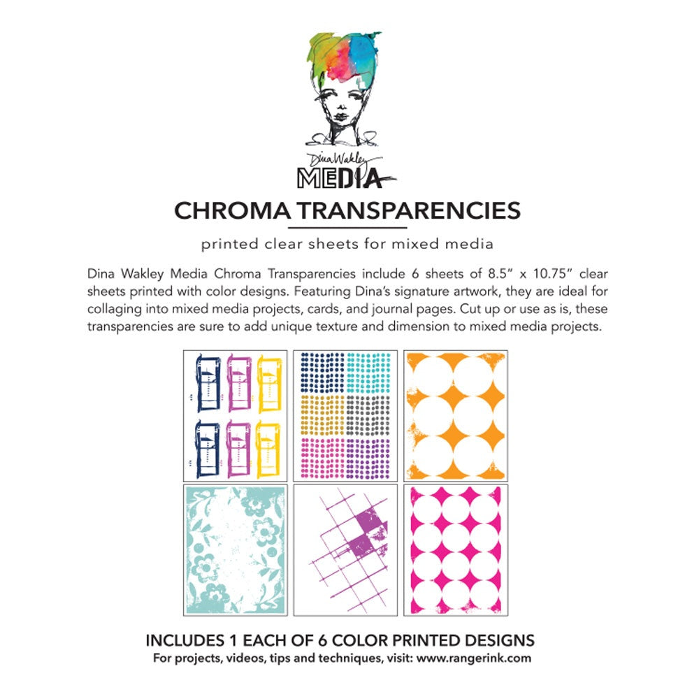 Grunge Specimens - Chroma Transparencies ... by Dina Wakley MEdia and Ranger. 6 (six) sheets of clear film printed with colourful bold designs, 8.5" x 10.75" in size. Use for creative collage, journaling, bookmaking, scrapbooking, mixed media and other visual arts. 
Dina Wakley's sheets of Chroma Transparencies feature bright colourful prints of circle outers, rectangles and spots, diagonal lines and squares in purple, and flowery blue pretties.