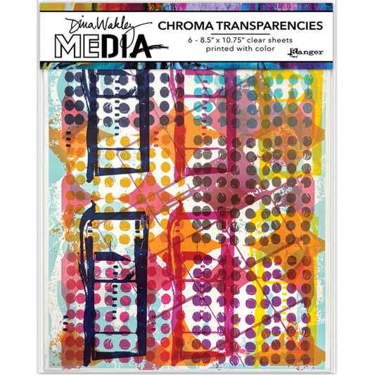 Grunge Specimens - Chroma Transparencies ... by Dina Wakley MEdia and Ranger. 6 (six) sheets of clear film printed with colourful bold designs, 8.5" x 10.75" in size. Use for creative collage, journaling, bookmaking, scrapbooking, mixed media and other visual arts. 
Dina Wakley's sheets of Chroma Transparencies feature bright colourful prints of circle outers, rectangles and spots, diagonal lines and squares in purple, and flowery blue pretties.