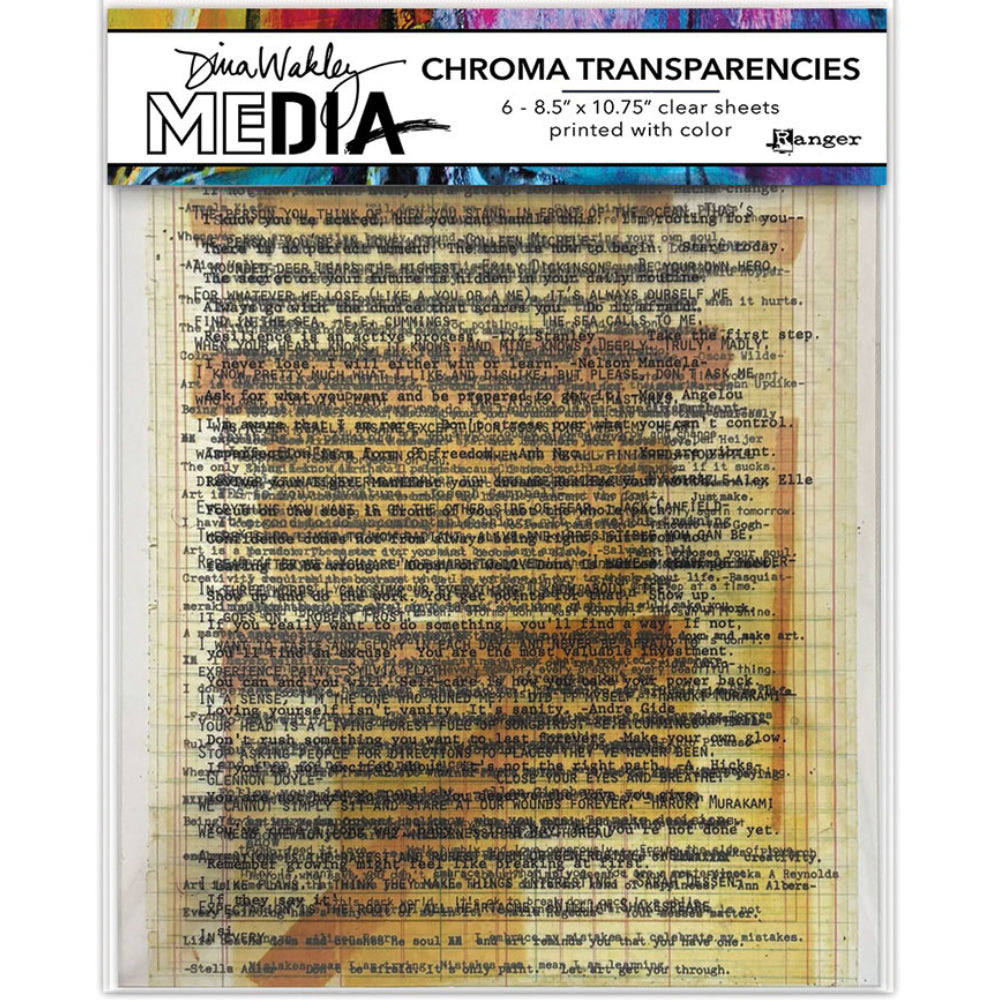 Typed Quotes - Chroma Transparencies ... by Dina Wakley MEdia and Ranger. 6 (six) sheets of clear film printed with colour designs, 8.5" x 10.75" in size. Use for creative collage, journaling, bookmaking, scrapbooking, mixed media and other visual arts. Designs in this set include words, phrases, sayings, quotes, text on ledger backgrounds, some with vintage coloured highlights or cello tape.