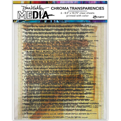 Typed Quotes - Chroma Transparencies ... by Dina Wakley MEdia and Ranger. 6 (six) sheets of clear film printed with colour designs, 8.5" x 10.75" in size. Use for creative collage, journaling, bookmaking, scrapbooking, mixed media and other visual arts. Designs in this set include words, phrases, sayings, quotes, text on ledger backgrounds, some with vintage coloured highlights or cello tape.