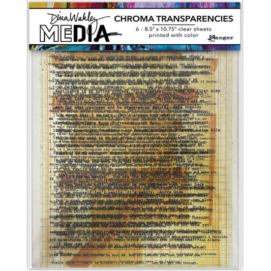 Typed Quotes - Chroma Transparencies ... by Dina Wakley MEdia and Ranger. 6 (six) sheets of clear film printed with colour designs, 8.5" x 10.75" in size. Use for creative collage, journaling, bookmaking, scrapbooking, mixed media and other visual arts. Designs in this set include words, phrases, sayings, quotes, text on ledger backgrounds, some with vintage coloured highlights or cello tape.