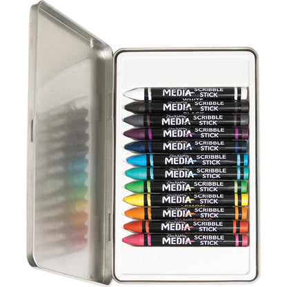 Scribble Sticks - Set 1 ... Dina Wakley Media. 12 (twelve) watersoluble crayon-pastel-pencil-sticks for us to use with visual arts, journaling, mixed media, papercrafts, scrapbooking, painting canvas and having a fabulous arty crafty painterly time. Dina Wakley's Scribble Sticks are a watersoluble mixed media medium in the shape of a crayon or short woodless pencil. These pastels are an acrylic based paint stick fused with high quality pigments in vibrant semi-opaque colours. Made by Ranger. MDA54733