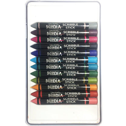 Colours of the Scribble Sticks - Set 2 ... Dina Wakley Media. 12 (twelve) crayon-pastel-pencil-sticks for us to use with visual arts, journaling, mixed media, papercrafts, scrapbooking, painting canvas and having a fabulous arty crafty painterly time. Dina Wakley's Scribble Sticks are a watersoluble mixed media medium in the shape of a crayon or short woodless pencil. These pastels are an acrylic based paint stick fused with high quality pigments in vibrant semi-opaque colours. Made by Ranger. MDA60161