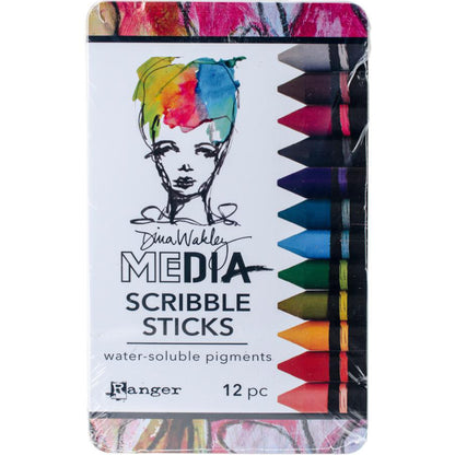 Scribble Sticks - Set 2 ... Dina Wakley Media. 12 (twelve) watersoluble crayon-pastel-pencil-sticks for us to use with visual arts, journaling, mixed media, papercrafts, scrapbooking, painting canvas and having a fabulous arty crafty painterly time. Dina Wakley's Scribble Sticks are a watersoluble mixed media medium in the shape of a crayon or short woodless pencil. These pastels are an acrylic based paint stick fused with high quality pigments in vibrant semi-opaque colours. Made by Ranger. MDA60161