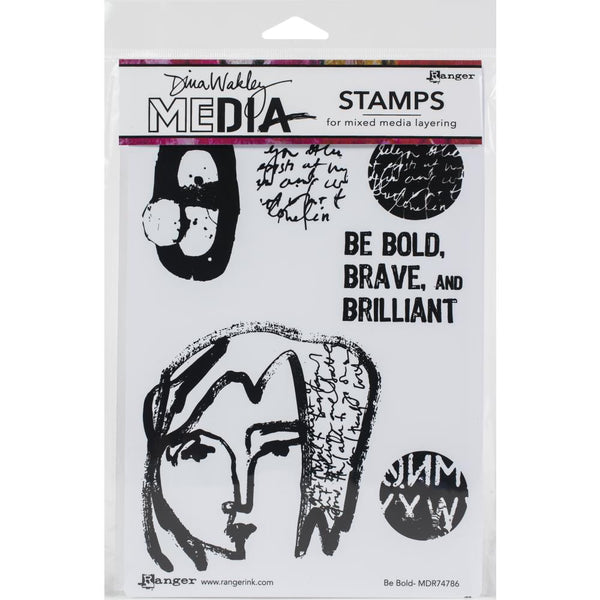 Be Bold - by Dina Wakley MEdia ... cling foam mounted, red rubber stamps for endless creative possibilities. 6 (six) designs (MDR74786).  Be bold, brave and brilliant! Create art, make cards, collage layers in journals, scrapbook pages, mixed media canvas for the wall. A face illustrated in thick drybrush lines with script in her/his hair, 3 round typo designs, 1 oval abstract and 1 quote "be bold, brave and brilliant" in a heavyweight sans serif condensed block typestyle. One of each design.