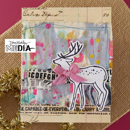 Wonderful Christmas Card made by Dina Wakley using Spellbinder Paper Arts BetterPress Plates and Embossing Folder . Use the designs in mixed media, cardmaking, journaling, scrapbooking and visual arts. Dina's Spellbinders sets include festive designs of birds, baubles, heartfelt messages, holly and berries, spots, crescent moon, reindeer, foliage and stars. All the DWM metal embossing and printing plates can to be used together or separately to create dimension with or without ink. Enjoy!