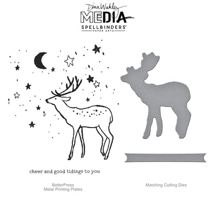Cheer and Good Tidings Deer - BetterPress Metal Press Plates and Dies ... designed by Dina Wakley MEdia and Spellbinders (no.BPR-036) to use in mixed media, cardmaking, journaling, scrapbooking and visual arts. Dina's BetterPress 'Cheer and Good Tidings Deer' set includes festive designs that could be used all year long! This wonderful set features a deer (stag with antlers, reindeer) standing facing left, starry sky and warmhearted Christmas phrase with matching banner.