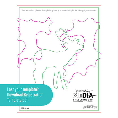 Cheer and Good Tidings Deer - BetterPress Metal Press Plates and Dies ... designed by Dina Wakley MEdia and Spellbinders (no.BPR-036) to use in mixed media, cardmaking, journaling, scrapbooking and visual arts. Dina's BetterPress 'Cheer and Good Tidings Deer' set includes festive designs that could be used all year long! This wonderful set features a deer (stag with antlers, reindeer) standing facing left, starry sky and warmhearted Christmas phrase with matching banner.