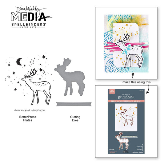 Cheer and Good Tidings Deer - BetterPress Metal Press Plates and Dies ... designed by Dina Wakley MEdia and Spellbinders (no.BPR-036) to use in mixed media, cardmaking, journaling, scrapbooking and visual arts. Dina's BetterPress 'Cheer and Good Tidings Deer' set includes festive designs that could be used all year long! This wonderful set features a deer (stag with antlers, reindeer) standing facing left, starry sky and warmhearted Christmas phrase with matching banner.
