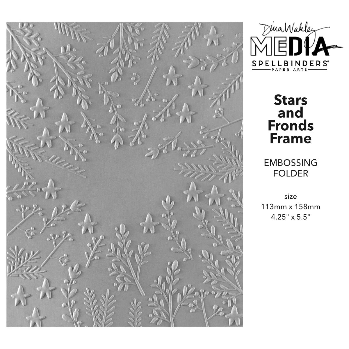 Stars and Fronds Frame - 3D Embossing Folder ... designed by Dina Wakley MEdia, made by Spellbinders Paper Arts (no.E3D-152). The embossing folder is 4 1/4" x 5 1/2" (113mm x 158mm). What a beautiful way to add delicate patterns to cards, pockets, frames, page elements, collage pieces and more. This design has sprigs, stars and leaves growing from the outer edge of the frame towards the centre, leaving an open space around 3cm x 3cm. Use for cards, tags, pages, journal fodder and other papercraft projects.