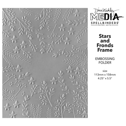 Stars and Fronds Frame - 3D Embossing Folder ... designed by Dina Wakley MEdia, made by Spellbinders Paper Arts (no.E3D-152). The embossing folder is 4 1/4" x 5 1/2" (113mm x 158mm). What a beautiful way to add delicate patterns to cards, pockets, frames, page elements, collage pieces and more. This design has sprigs, stars and leaves growing from the outer edge of the frame towards the centre, leaving an open space around 3cm x 3cm. Use for cards, tags, pages, journal fodder and other papercraft projects.