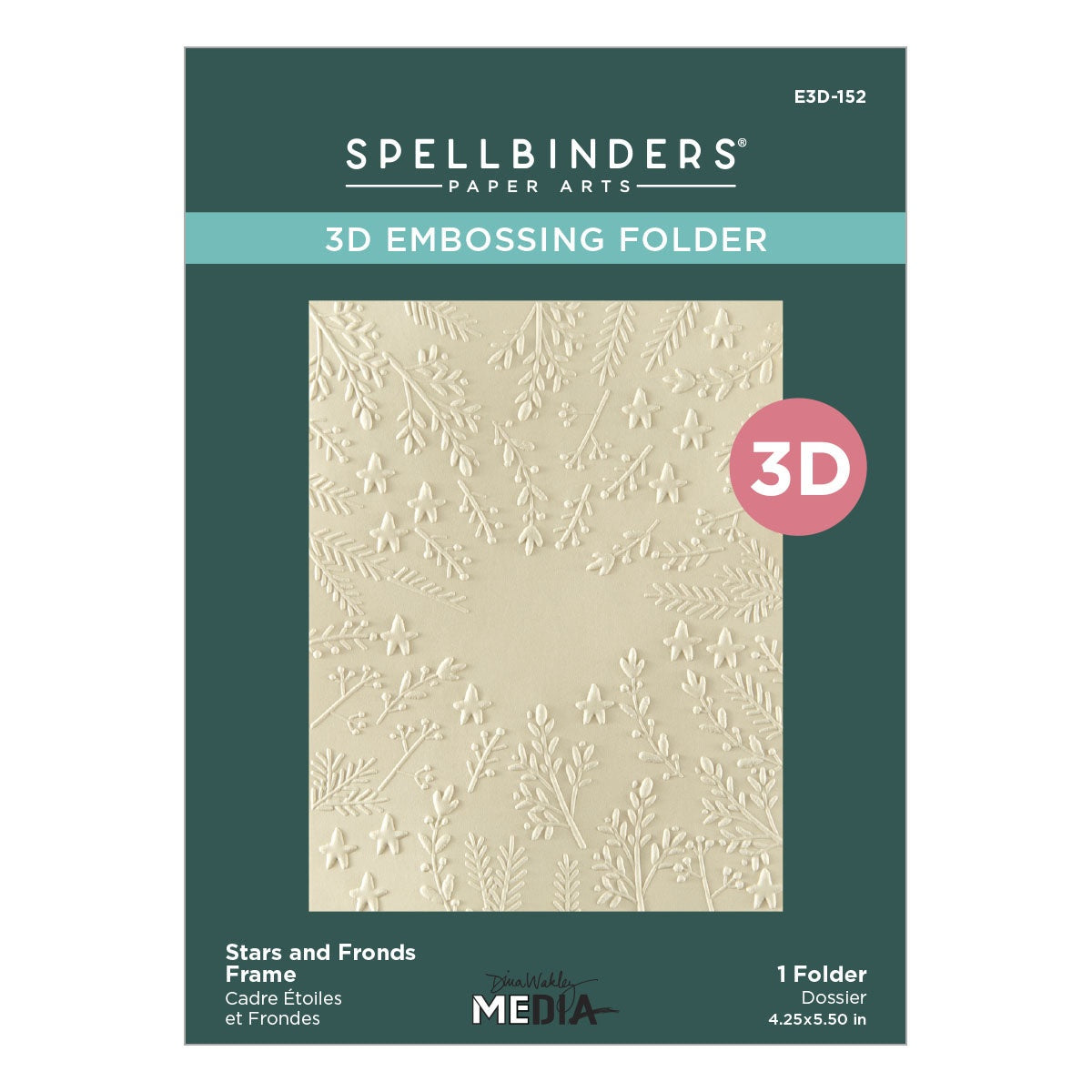 Stars and Fronds Frame - 3D Embossing Folder ... designed by Dina Wakley MEdia, made by Spellbinders Paper Arts (no.E3D-152). The embossing folder is 4 1/4" x 5 1/2" (113mm x 158mm). What a beautiful way to add delicate patterns to cards, pockets, frames, page elements, collage pieces and more. This design has sprigs, stars and leaves growing from the outer edge of the frame towards the centre, leaving an open space around 3cm x 3cm. Use for cards, tags, pages, journal fodder and other papercraft projects.