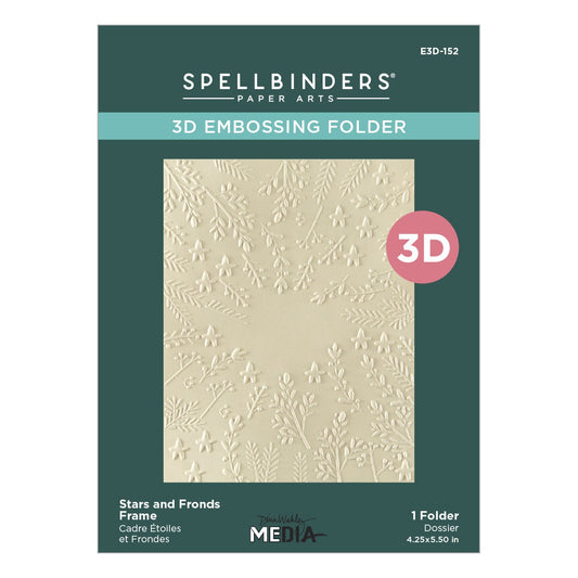 Stars and Fronds Frame - 3D Embossing Folder ... designed by Dina Wakley MEdia, made by Spellbinders Paper Arts (no.E3D-152). The embossing folder is 4 1/4" x 5 1/2" (113mm x 158mm). What a beautiful way to add delicate patterns to cards, pockets, frames, page elements, collage pieces and more. This design has sprigs, stars and leaves growing from the outer edge of the frame towards the centre, leaving an open space around 3cm x 3cm. Use for cards, tags, pages, journal fodder and other papercraft projects.