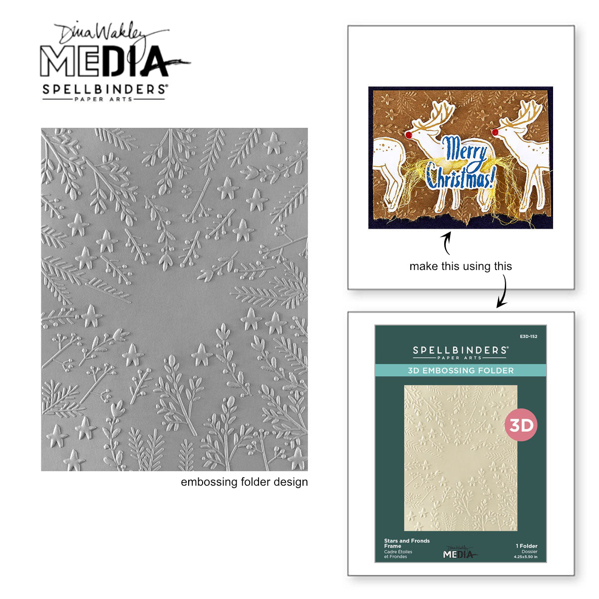 Stars and Fronds Frame - 3D Embossing Folder ... designed by Dina Wakley MEdia, made by Spellbinders Paper Arts (no.E3D-152). The embossing folder is 4 1/4" x 5 1/2" (113mm x 158mm). What a beautiful way to add delicate patterns to cards, pockets, frames, page elements, collage pieces and more. This design has sprigs, stars and leaves growing from the outer edge of the frame towards the centre, leaving an open space around 3cm x 3cm. Use for cards, tags, pages, journal fodder and other papercraft projects.