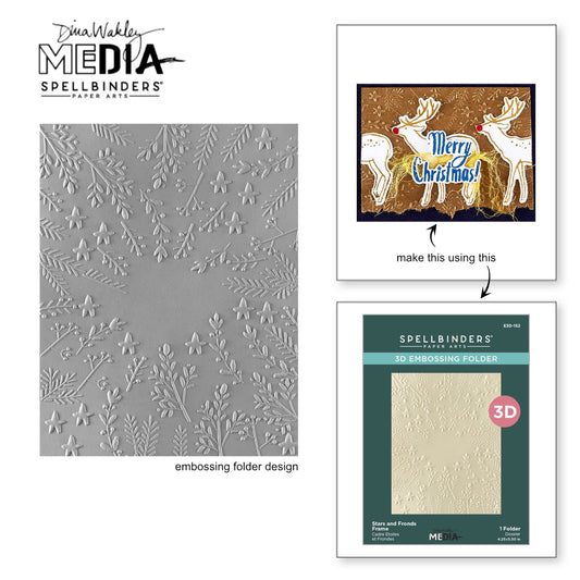 Stars and Fronds Frame - 3D Embossing Folder ... designed by Dina Wakley MEdia, made by Spellbinders Paper Arts (no.E3D-152). The embossing folder is 4 1/4" x 5 1/2" (113mm x 158mm). What a beautiful way to add delicate patterns to cards, pockets, frames, page elements, collage pieces and more. This design has sprigs, stars and leaves growing from the outer edge of the frame towards the centre, leaving an open space around 3cm x 3cm. Use for cards, tags, pages, journal fodder and other papercraft projects.