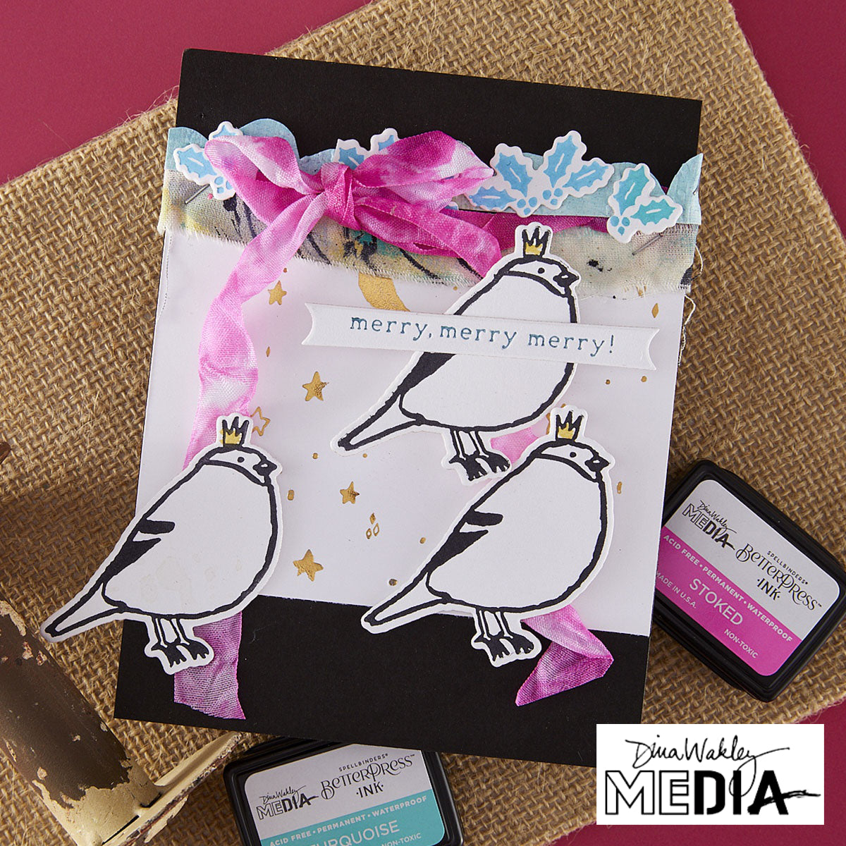 Wonderful Christmas Card made by Dina Wakley using Spellbinder Paper Arts BetterPress Plates and Embossing Folder . Use the designs in mixed media, cardmaking, journaling, scrapbooking and visual arts. Dina's Spellbinders sets include festive designs of birds, baubles, heartfelt messages, holly and berries, spots, crescent moon, reindeer, foliage and stars. All the DWM metal embossing and printing plates can to be used together or separately to create dimension with or without ink. Enjoy!
