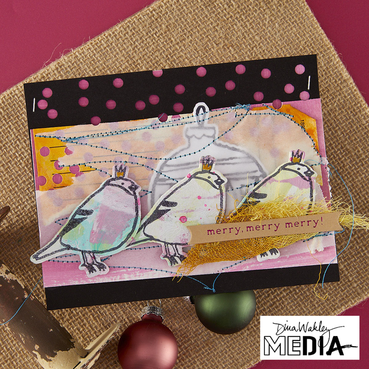 Wonderful Christmas Card made by Dina Wakley using Spellbinder Paper Arts BetterPress Plates and Embossing Folder . Use the designs in mixed media, cardmaking, journaling, scrapbooking and visual arts. Dina's Spellbinders sets include festive designs of birds, baubles, heartfelt messages, holly and berries, spots, crescent moon, reindeer, foliage and stars. All the DWM metal embossing and printing plates can to be used together or separately to create dimension with or without ink. Enjoy!