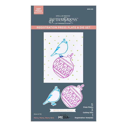 Merry Merry Merry Bird - BetterPress Metal Press Plates and Dies ... designed by Dina Wakley MEdia and Spellbinders (no.BPR-035) to use in mixed media, cardmaking, journaling, scrapbooking and visual arts. Dina's BetterPress 'Merry Merry Merry Bird' set includes festive designs that could be used all year long! This wonderful set features a robin (bird, feathered friend, 5cm tall) wearing a little crown, a round decorated bauble (ornament), gathering of spots, a line of text with shaped banner.