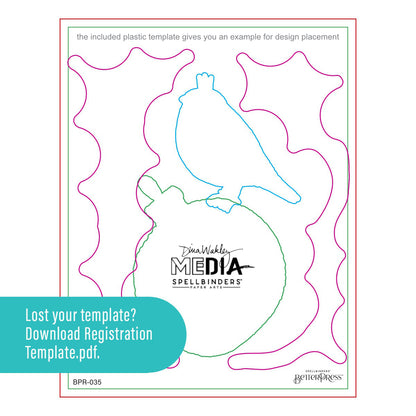 Merry Merry Merry Bird - BetterPress Metal Press Plates and Dies ... designed by Dina Wakley MEdia and Spellbinders (no.BPR-035) to use in mixed media, cardmaking, journaling, scrapbooking and visual arts. Dina's BetterPress 'Merry Merry Merry Bird' set includes festive designs that could be used all year long! This wonderful set features a robin (bird, feathered friend, 5cm tall) wearing a little crown, a round decorated bauble (ornament), gathering of spots, a line of text with shaped banner.