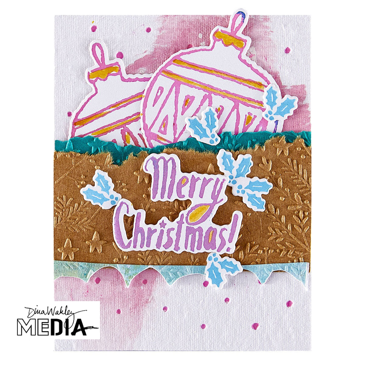 Wonderful Christmas Card made by Dina Wakley using Spellbinder Paper Arts BetterPress Plates and Embossing Folder . Use the designs in mixed media, cardmaking, journaling, scrapbooking and visual arts. Dina's Spellbinders sets include festive designs of birds, baubles, heartfelt messages, holly and berries, spots, crescent moon, reindeer, foliage and stars. All the DWM metal embossing and printing plates can to be used together or separately to create dimension with or without ink. Enjoy!