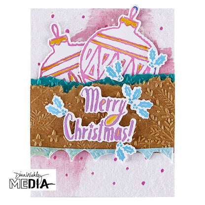 Wonderful Christmas Card made by Dina Wakley using Spellbinder Paper Arts BetterPress Plates and Embossing Folder . Use the designs in mixed media, cardmaking, journaling, scrapbooking and visual arts. Dina's Spellbinders sets include festive designs of birds, baubles, heartfelt messages, holly and berries, spots, crescent moon, reindeer, foliage and stars. All the DWM metal embossing and printing plates can to be used together or separately to create dimension with or without ink. Enjoy!