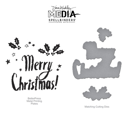 Starry Merry Christmas - BetterPress Metal Press Plates and Dies ... designed by Dina Wakley MEdia and Spellbinders (no.BPR-034) to use in mixed media, cardmaking, journaling, scrapbooking and visual arts. Dina's BetterPress 'Starry Merry Christmas' set includes festive designs of holly sprigs and leaves, berries, stars and the phrase Merry Christmas in a handwritten typestyle. All the metal embossing and printing plates can to be used together or separately to create dimension with or without ink.