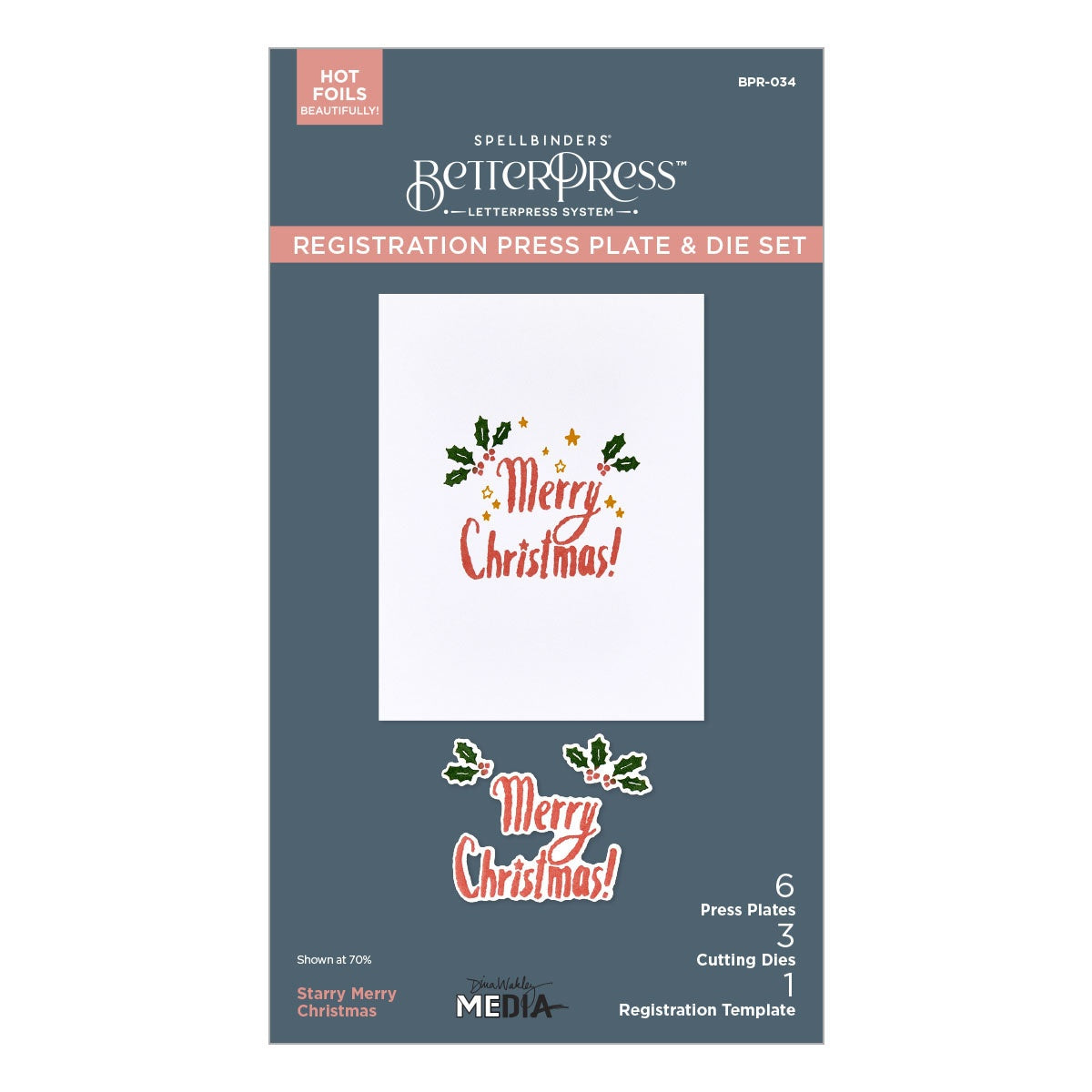 Starry Merry Christmas - BetterPress Metal Press Plates and Dies ... designed by Dina Wakley MEdia and Spellbinders (no.BPR-034) to use in mixed media, cardmaking, journaling, scrapbooking and visual arts. Dina's BetterPress 'Starry Merry Christmas' set includes festive designs of holly sprigs and leaves, berries, stars and the phrase Merry Christmas in a handwritten typestyle. All the metal embossing and printing plates can to be used together or separately to create dimension with or without ink.