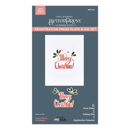 Starry Merry Christmas - BetterPress Metal Press Plates and Dies ... designed by Dina Wakley MEdia and Spellbinders (no.BPR-034) to use in mixed media, cardmaking, journaling, scrapbooking and visual arts. Dina's BetterPress 'Starry Merry Christmas' set includes festive designs of holly sprigs and leaves, berries, stars and the phrase Merry Christmas in a handwritten typestyle. All the metal embossing and printing plates can to be used together or separately to create dimension with or without ink.