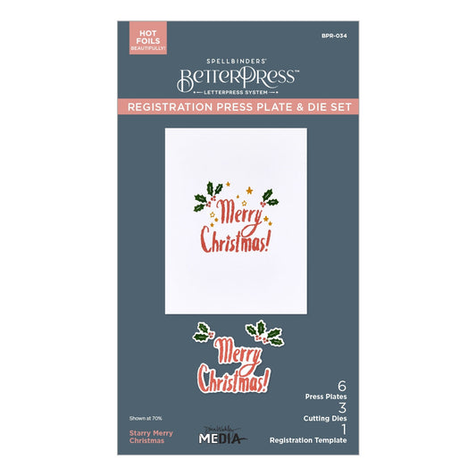 Starry Merry Christmas - BetterPress Metal Press Plates and Dies ... designed by Dina Wakley MEdia and Spellbinders (no.BPR-034) to use in mixed media, cardmaking, journaling, scrapbooking and visual arts. Dina's BetterPress 'Starry Merry Christmas' set includes festive designs of holly sprigs and leaves, berries, stars and the phrase Merry Christmas in a handwritten typestyle. All the metal embossing and printing plates can to be used together or separately to create dimension with or without ink.