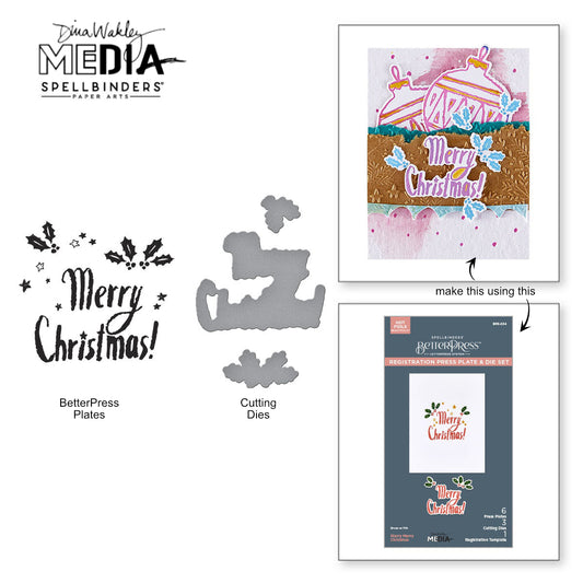 Starry Merry Christmas - BetterPress Metal Press Plates and Dies ... designed by Dina Wakley MEdia and Spellbinders (no.BPR-034) to use in mixed media, cardmaking, journaling, scrapbooking and visual arts. Dina's BetterPress 'Starry Merry Christmas' set includes festive designs of holly sprigs and leaves, berries, stars and the phrase Merry Christmas in a handwritten typestyle. All the metal embossing and printing plates can to be used together or separately to create dimension with or without ink.