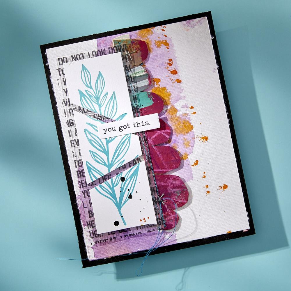 sample created by Dina Wakley using her Spellbinders Paper Arts BetterPress metal plates, dies and embossing folders. Photo shows a greeting card with heartfelt message and pink scallops under a white banner saying, you got this.