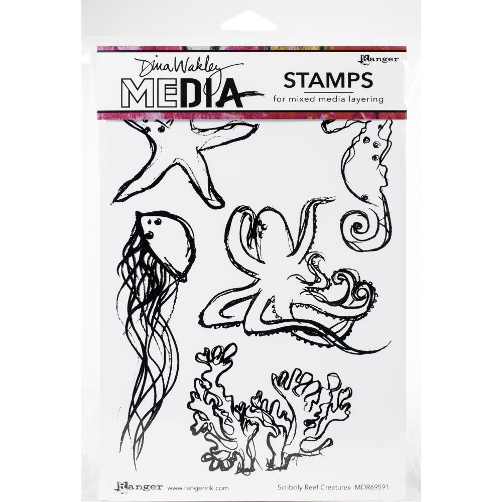 Scribbly Reef Creatures - Dina Wakley MEdia ... Cling Mounted Red Rubber Stamps. Animals, fish and plants from under the ocean. 5 (five) designs (MDR69591). This set includes beautiful creatures from under the sea in a loose sketchy style - starfish, seahorse, octopus, jellyfish, coral or seaweed. 
Use these gorgeous illustrations to create art in journals, cards, scrapbooks, junk journals, altered books, on scrap paper ... they love to play with inks, paints and crafty supplies!
