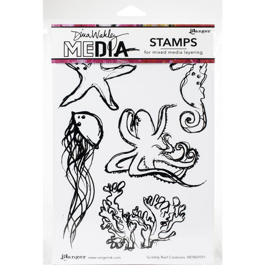 Scribbly Reef Creatures - Dina Wakley MEdia ... Cling Mounted Red Rubber Stamps. Animals, fish and plants from under the ocean. 5 (five) designs (MDR69591). This set includes beautiful creatures from under the sea in a loose sketchy style - starfish, seahorse, octopus, jellyfish, coral or seaweed. 
Use these gorgeous illustrations to create art in journals, cards, scrapbooks, junk journals, altered books, on scrap paper ... they love to play with inks, paints and crafty supplies!