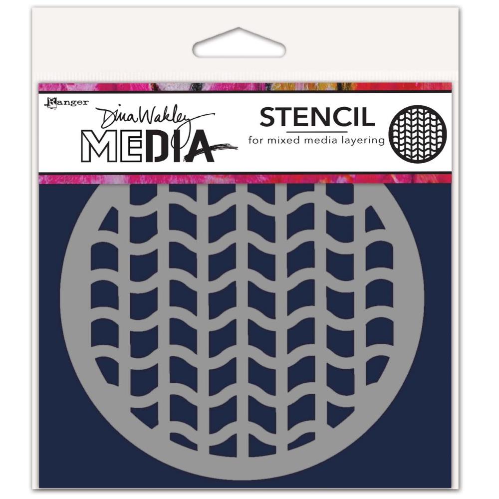 Tire Tracks (Tyre Tracks) - Coaster Stencil - Dina Wakley MEdia ... Round very thin plastic grey stencil for layering colour, texture and patterns in mixed media, visual arts and papercrafts. 1 (one) circular mask, 5 1/2" wide (14cm). MDS84983. Layer this pattern designed by Dina Wakley features a grid of wavy and straight lines of equal spacing and thickness (inspired by vehicle tyre markings) within the round frame. Apply this versatile pattern to your project in the background or make it a featured piece