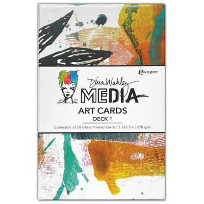Art Cards - Deck 1 ... by Dina Wakley MEdia and Ranger. Original designs by Dina Wakley featuring mixed media, abstract and collaged artwork, printed onto smooth 270gsm cards with a gloss finish on both sides, 3.5" x 5.5" in size with rounded corners. Pack of 50 (fifty) designs, (one of each). The backs are all the same beautiful abstract artwork, while the fronts are in five styles with different mindful themes and colour combinations.