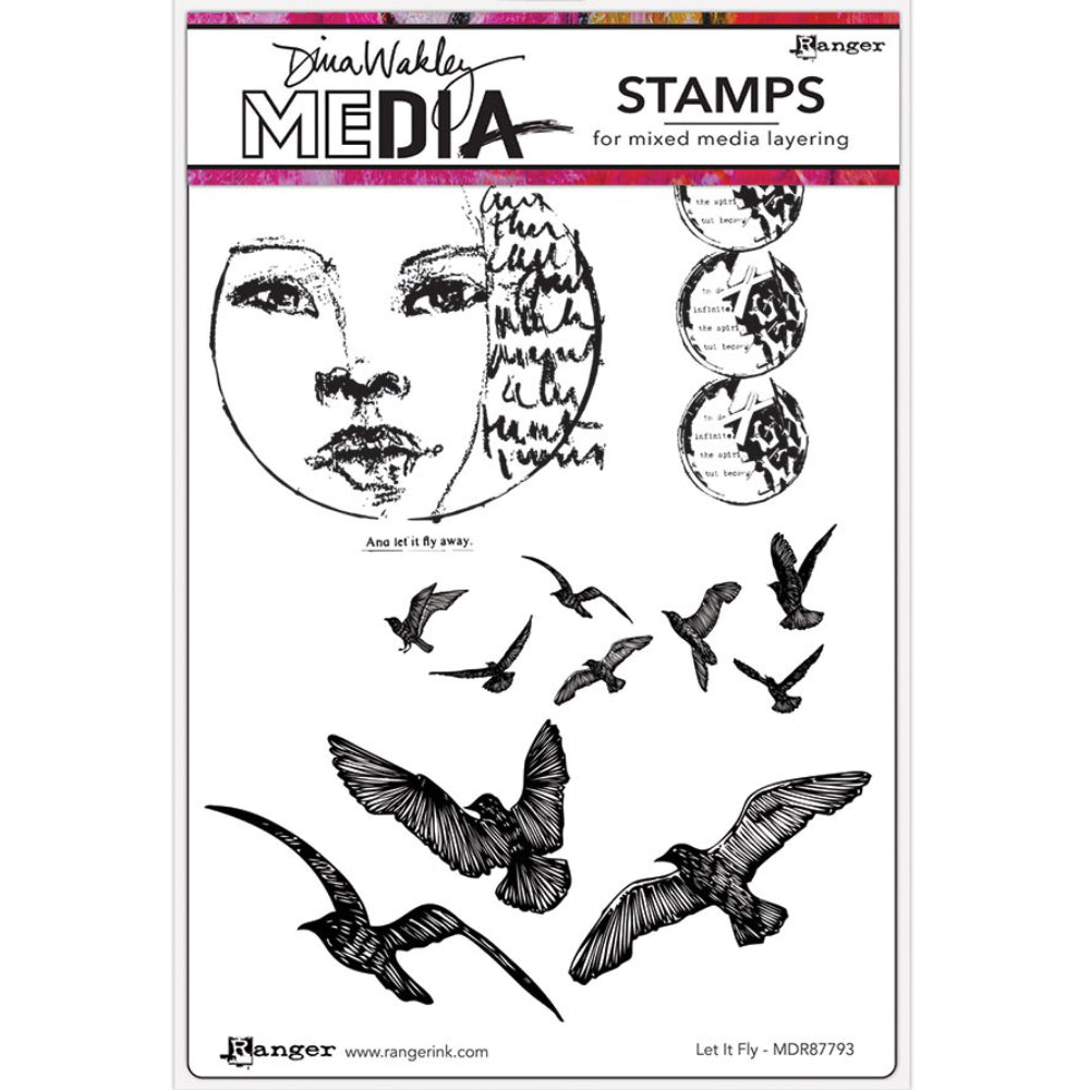 Let it Fly - Dina Wakley MEdia ... Cling Foam Mounted Red Rubber Stamps. Illustrations of flying birds, circles with text and a calm face with collage scribbly writing and a tiny quote. 6 (six) designs (MDR87793). 