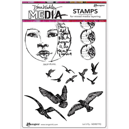Let it Fly - Dina Wakley MEdia ... Cling Foam Mounted Red Rubber Stamps. Illustrations of flying birds, circles with text and a calm face with collage scribbly writing and a tiny quote. 6 (six) designs (MDR87793). 