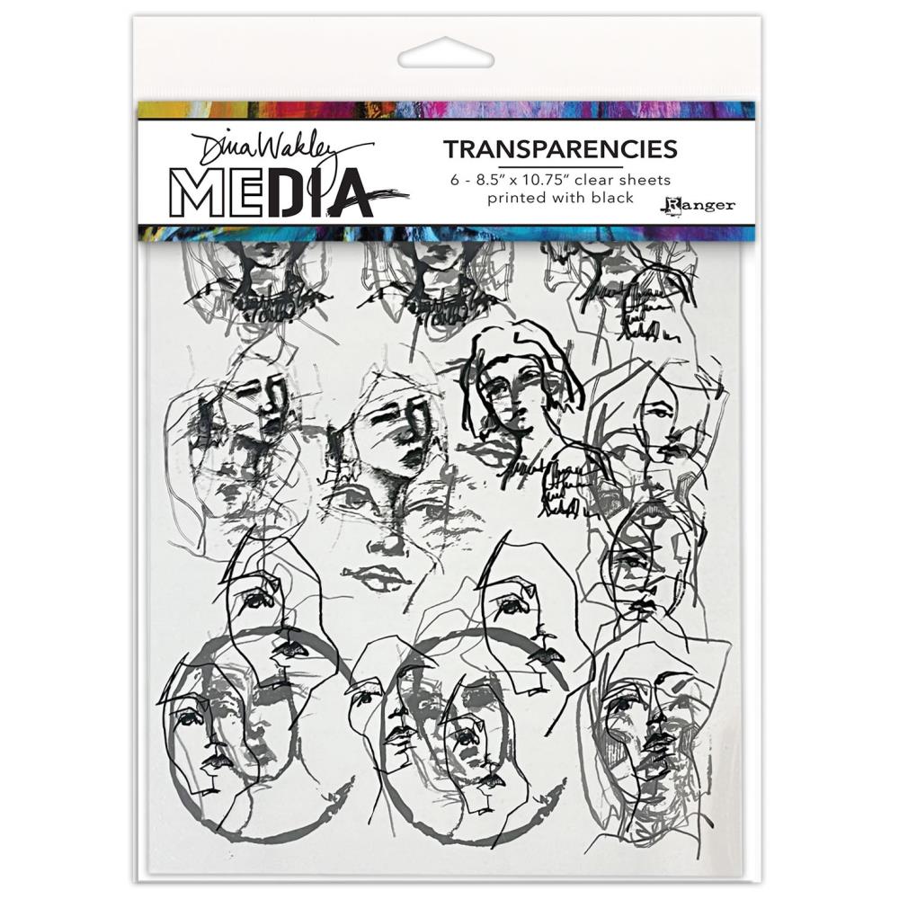 Tinies (set 1) - Transparencies ... by Dina Wakley MEdia and Ranger. 6 (six) sheets of clear film printed with black designs, 8.5" x 10.75" in size. Use&nbsp;for creative collage, journaling, bookmaking, scrapbooking, mixed media and other visual arts.&nbsp;  Dina Wakley MEdia Transparencies include 6 sheets of clear acetate or plastic film printed with 3 (three) designs featuring beautiful portraits of people in lots of little sizes. There are 2 (two) of each design.