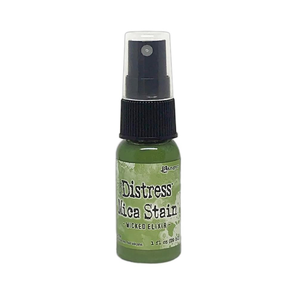 Wicked Elixer (green) - Distress Mica Stain Spray - by Tim Holtz... multi-toned colours of pearlescent shimmery pigment ink fusion in a sprayer bottle, each holding 29ml (1oz). To use in mixed media, papercrafts, journaling, planners, scrapbooking, visual arts of all kinds. 