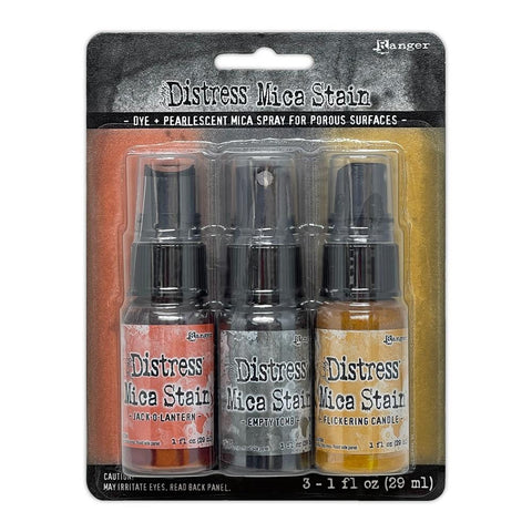Distress Mica Stain Spray - Halloween Set 1 ... by Tim Holtz... Limited Edition, seasonal colours of pearlescent shimmery pigment ink fusion in a sprayer bottle, each holding 29ml (1oz). This set has 3 (three) colours (one of each). Colours : Halloween Set 5 ... Jack O Lantern, Empty Tomb, Flickering Candle.  Designed by Tim Holtz for Distress, Made by Ranger. TSHK77435
