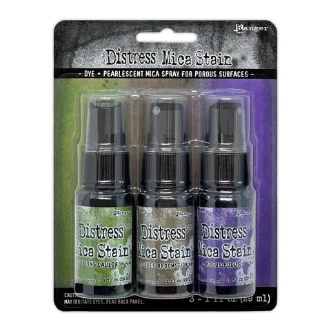 Distress Mica Stain Spray - Halloween Set 2 ... by Tim Holtz... Limited Edition, seasonal colours of pearlescent shimmery pigment ink fusion in a sprayer bottle, each holding 29ml (1oz). This set has 3 (three) colours (one of each) - Bubbling Cauldron, Crooked Broomstick, Hocus Pocus.  Designed by Tim Holtz for Distress, Made by Ranger. TSHK77442