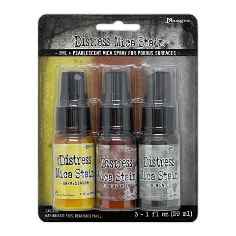 Distress Mica Stain Spray - Halloween Set 3 ... by Tim Holtz... Limited Edition, seasonal colours of pearlescent shimmery pigment ink fusion in a sprayer bottle, each holding 29ml (1oz). This set has 3 (three) colours (one of each) - Harvest Moon, Burning Ember, Iron Gate.   Tim Holtz Distress Mica Stains in these seasonal colours add beautiful pearlescent colourful layers to your artwork. Designed by Tim Holtz for Distress, Made by Ranger. TSHK81098