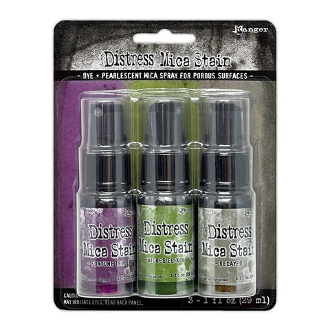 Distress Mica Stain Spray - Halloween Set 4 ... by Tim Holtz... Limited Edition, seasonal colours of pearlescent shimmery pigment ink fusion in a sprayer bottle, each holding 29ml (1oz). This set has 3 (three) colours (one of each) - Fortune Teller, Wicked Elixir, Decayed.  Tim Holtz Distress Mica Stains in these seasonal colours add beautiful pearlescent colourful layers to your artwork. Designed by Tim Holtz for Distress, Made by Ranger. TSHK81104