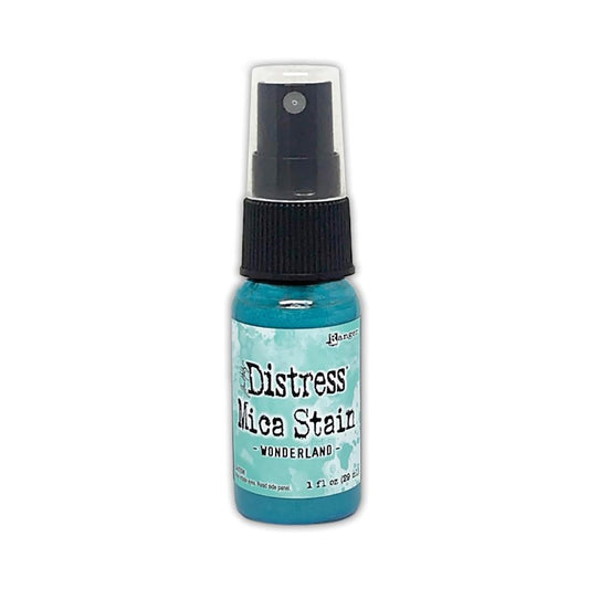 Wonderland (pale pretty blue)  - Distress Mica Stain Spray - by Tim Holtz... multi-toned colours of pearlescent shimmery pigment ink fusion in a sprayer bottle, each holding 29ml (1oz). To use in mixed media, papercrafts, journaling, planners, scrapbooking, visual arts of all kinds. 