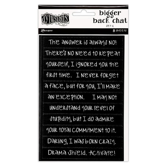 Dylusions by Dyan Reaveley's Bigger Back Chat Stickers are for adding quirky, fun, bold expressions of thoughts to your planners, artwork and journal pages. Use the sayings as they are or cut them up to make your own laughter lines. The lettering in a handwritten style modern typeface. Pack of black stickers with white wording. 8 sheets of laughter.