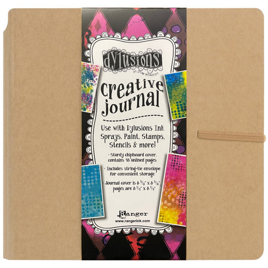 Dylusions Creative Journal, Square 8x8 inch by Dyan Reaveley and Ranger - This blank art book features a hardback kraft cover, large pocket, elastic closure, 48 pages of blank (unlined) creamy white 240gsm Mixed Media paper with a matte finish. Use for sprays, stamps, inks, paints, collage, texture pastes and more in journaling, mixed media and visual art.
