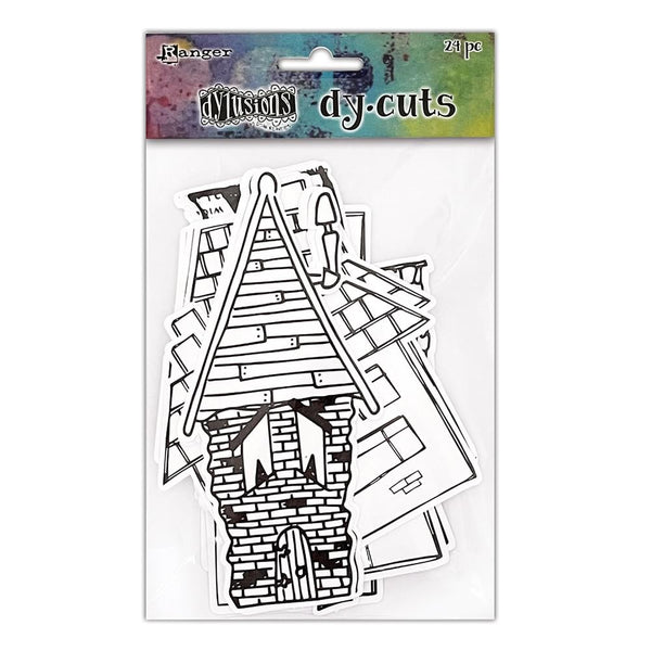 Me Houses, Dylusions Dy Cuts - by Dyan Reaveley ... collection of Dylusions buildings, crooked houses, tiled roof cottages and more. These die cut designs are printed in black outlines on white mixed media paper. 24 die cut pieces (8 designs, 3 of each). Wonderful illustrations of Dyan Reaveley's, featuring a well loved wonky house with windows for eyes, tiled roof cottages, crooked houses, wobbly buildings and more