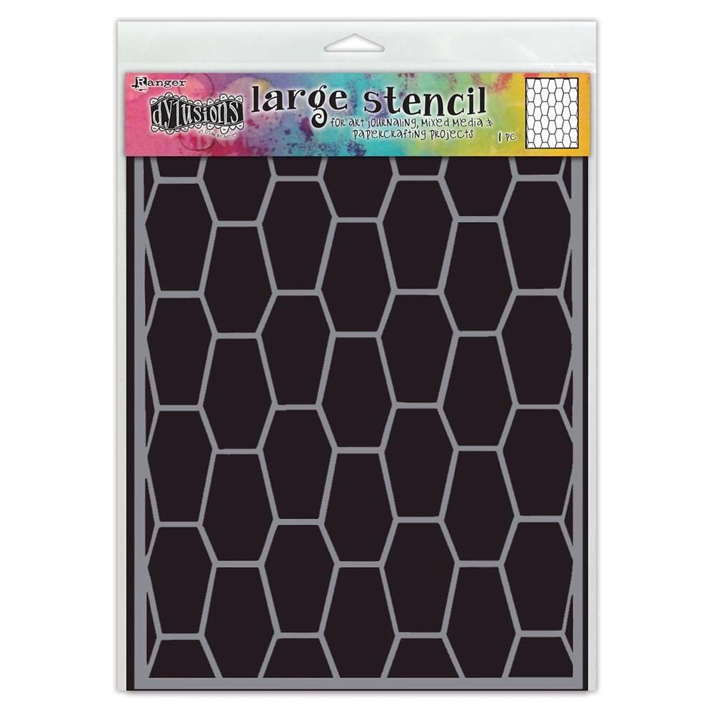 Coffins ... Large (9"x12") Stencil - by Dyan Reaveley of Dylusions.   A wonderful versatile design featuring long hexagon shapes (coffins or hexies) flip flopped all over the stencil sheet. Add Dyan's coffin or hexagon pattern to your greeting cards, journal pages, backgrounds, borders, everywhere. Let your imagination be your guide and have fun! DYSL85027