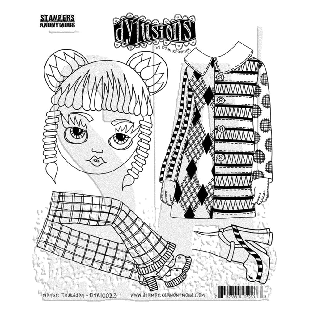Maybe Thursday ... Cling Stamps - Dylusions by Dyan Reaveley (DYR10023). Original designs by Dyan Reaveley, made by Stampers Anonymous out of red rubber mounted on cling foam. Perfect for mixed media, art journaling, scrapbooking, stamping on fabrics, using in papercrafts and visual arts of all kinds. 4 (four) designs.
Dyan's original drawings of whimsical dolly heads with bodies, legs sporting bootleg pants and shiny shoes, a pair of high heel sandals, are perfect for all occasions and excuses to create!